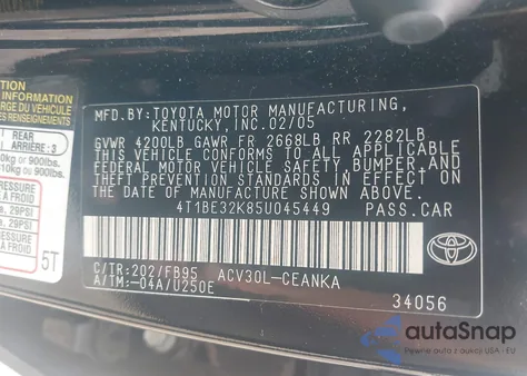 2005 Toyota Camry Std z USA, uszkodzony, nr VIN 4T1BE32K85U045449